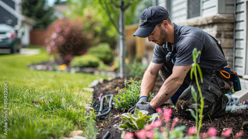 A plumber installing an automatic irrigation system in a residential lawn.