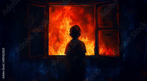 A painting of a boy standing near a window inside a dark house at night and watching the unformed evil approaching from outside.