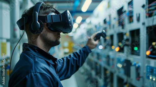 An engineer wearing a VR headset to simulate the electrical network of a factory.