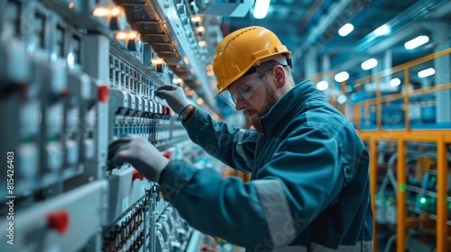 An engineer replacing outdated circuit breakers in the factory's main electrical panel.