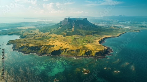 Aerial view of Jeju Island in South Korea, highlighting its volcanic landscape, beautiful coastlines, and famous Seongsan Ilchulbong peak. 