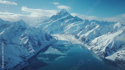 Aerial view of Mount Cook in New Zealand, showcasing its snow-covered peak and surrounding rugged mountains, glaciers, and alpine lakes. 