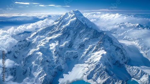 Aerial view of Mount Cook in New Zealand, showcasing its snow-covered peak and surrounding rugged mountains, glaciers, and alpine lakes. 