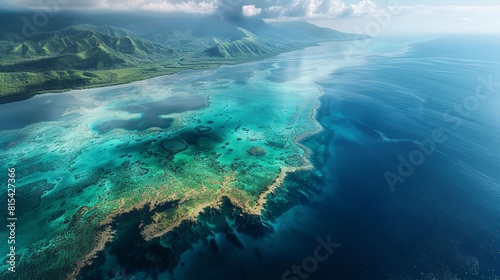 Aerial view of the Great Barrier Reef in Australia, featuring the extensive coral formations and vibrant marine life in the clear turquoise waters. 
