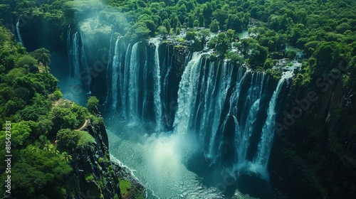 Aerial view of Victoria Falls on the border of Zambia and Zimbabwe, with the massive waterfall plunging into the Zambezi River amidst lush rainforest. 