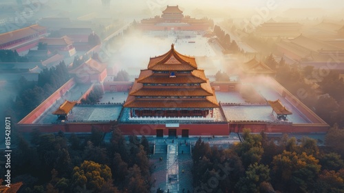Aerial view of the Forbidden City in Beijing, China, with its vast imperial palaces, courtyards, and surrounding traditional Chinese architecture. 
