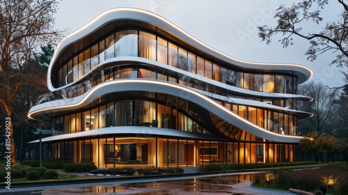 A modern office complex designed with a continuous loop facade.