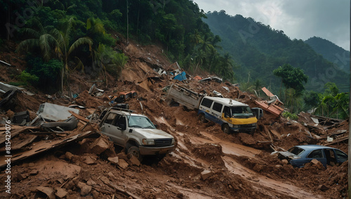 A mudslide aftermath showing debris-covered terrain with collapsed structures and uprooted trees.