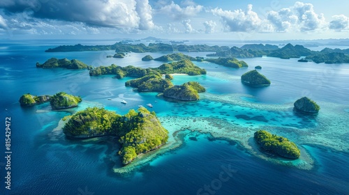 Aerial view of the Palau archipelago in the Pacific Ocean, featuring its stunning coral reefs, turquoise waters, and lush green islands. 