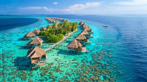 Aerial view of the Maldives, showcasing the overwater bungalows, turquoise lagoons, and coral reefs in the Indian Ocean. 