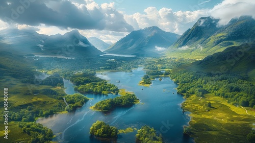 Aerial view of the Scottish Highlands, featuring rugged mountains, deep lochs, and historic castles surrounded by picturesque landscapes. 