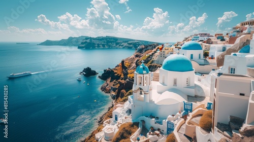 Aerial view of Santorini in Greece, featuring its white-washed buildings with blue domes perched on the cliffs overlooking the Aegean Sea. 