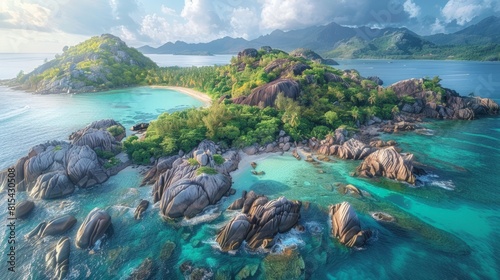 Aerial view of the Seychelles, with its granite boulders, turquoise waters, and lush tropical vegetation on the Indian Ocean islands. 