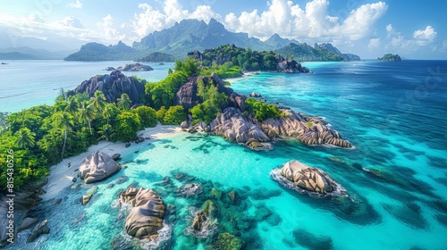 Aerial view of the Seychelles, with its granite boulders, turquoise waters, and lush tropical vegetation on the Indian Ocean islands. 