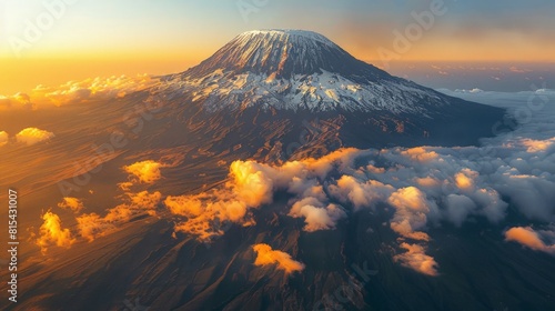 Aerial view of Mount Kilimanjaro in Tanzania, showcasing its snow-capped peak and the surrounding savannah landscape at sunrise. 