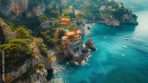 Aerial view of the Amalfi Coast in Italy, with its dramatic cliffs, colorful coastal villages, and the sparkling blue Mediterranean Sea. 