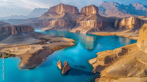 Aerial view of the Band-e Amir National Park in Afghanistan, showcasing its stunning blue lakes, surrounded by rugged mountains and unique rock formations. 