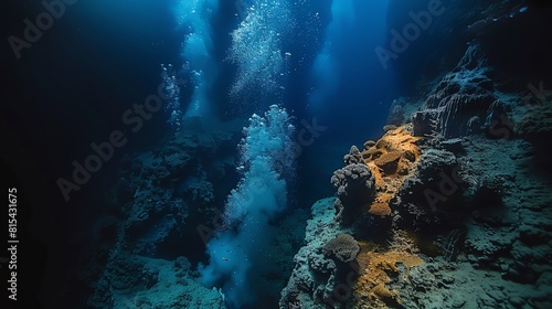 Documentary photography,A dynamic underwater volcano actively spewing bubbles and heat, surrounded by heattolerant marine life and vibrant thermal vents