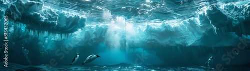 Magazinestyle photo of An icy underwater landscape beneath the polar ice cap, featuring a group of penguins diving into the crystal clear waters amongst floating icebergs