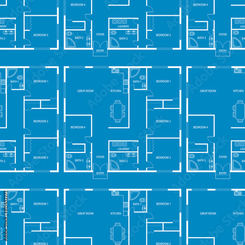 Seamless pattern with house blueprint engineering drawings and plan on blue background. Structural engineering. Floor plan. Housing architecture, texture template, wallpaper.