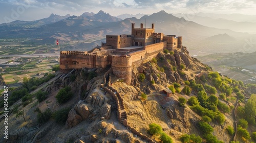 Aerial view of the Alamut Castle in Iran, showcasing the historic fortress perched atop a rocky hill with sweeping views of the surrounding Alborz Mountains. 