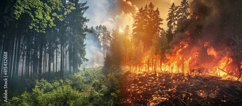 Photo clearly separate in half between green fresh nature with Wildfire ,Global warming and environmental problems
