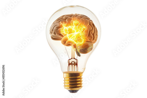 Brain inside a light bulb glowing isolated on transparent background