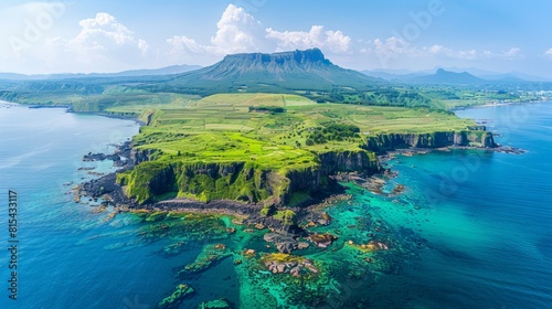 Aerial view of the Jeju Island in South Korea, highlighting its volcanic landscape, beautiful coastlines, and famous Seongsan Ilchulbong peak. 