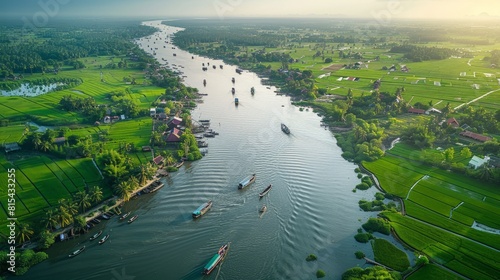 Aerial view of the Mekong Delta in Vietnam, showcasing its intricate network of rivers, lush green rice paddies, and traditional floating markets. 