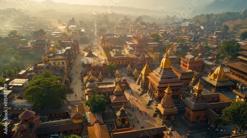 Aerial view of the Kathmandu Durbar Square in Nepal, featuring the historic temples, palaces, and courtyards surrounded by the bustling city. 