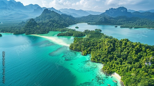 Aerial view of the Langkawi Archipelago in Malaysia, featuring its turquoise waters, white sandy beaches, and lush tropical forests. 