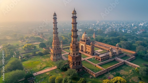 Aerial view of the Qutub Minar in Delhi, India, with its towering minaret and surrounding historic ruins set against the backdrop of the modern city. 