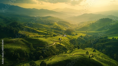 Aerial view of the Nilgiri Hills in Tamil Nadu, India, showcasing the rolling hills, lush tea plantations, and surrounding forests. 