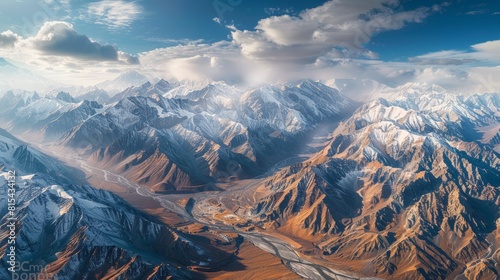 Aerial view of the Pamir Mountains in Tajikistan, showcasing the rugged peaks, deep valleys, and remote villages amidst dramatic landscapes. 