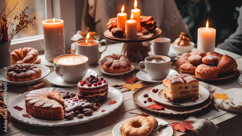Breakfast table hot coffee birthday cake with candles some pastries autumn ambient daylight warm sunlight