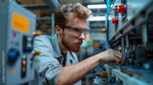 A mechanic fine-tuning the settings on a plastic injection molding machine.