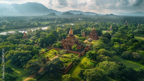 Aerial view of the Anuradhapura in Sri Lanka, featuring its ancient stupas, monasteries, and temples surrounded by lush green landscapes. 
