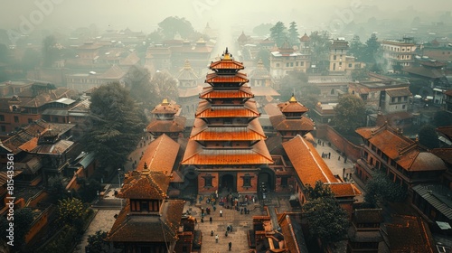 Aerial view of the Bhaktapur Durbar Square in Nepal, featuring the stunning pagoda-style temples, courtyards, and historic buildings. 