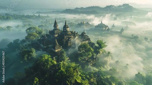 Aerial view of the Mrauk U Temples in Myanmar, featuring ancient stone stupas and pagodas surrounded by misty hills and lush greenery. 