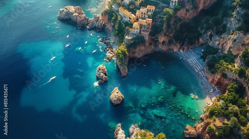 Aerial view of the Amalfi Coast in Italy, with its dramatic cliffs, colorful coastal villages, and the sparkling blue Mediterranean Sea. 