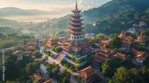 Aerial view of the Kek Lok Si Temple in Penang, Malaysia, with its towering pagoda and intricate architectural details set against a backdrop of lush hills. 