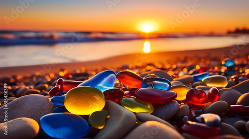 Colorful glass pebbles on the beach