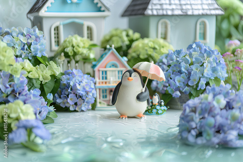 傘を差したペンギンくんと紫陽花のある家