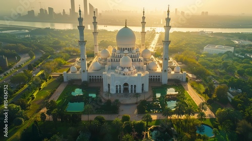 Aerial view of the Sheikh Zayed Grand Mosque in Abu Dhabi, UAE, featuring its stunning white domes and minarets surrounded by landscaped gardens. 