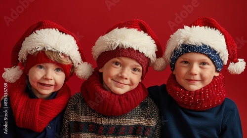  Three children wear knitted hats and scarves with pom-poms on their heads