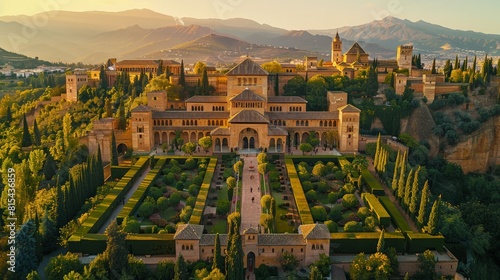 Aerial view of the Alhambra in Granada, Spain, with its intricate Moorish architecture and lush gardens set against the backdrop of the Sierra Nevada mountains. 