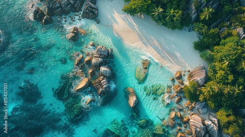 Aerial view of the Seychelles, featuring the granite boulders, white sandy beaches, and crystal-clear waters of Anse Source d'Argent. 
