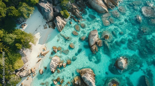 Aerial view of the Seychelles, featuring the granite boulders, white sandy beaches, and crystal-clear waters of Anse Source d'Argent. 