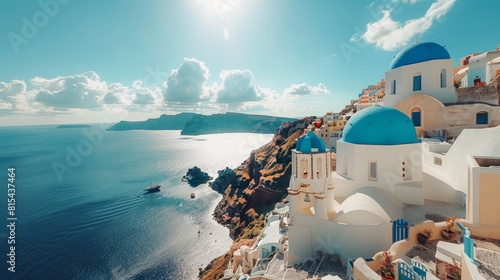 Aerial view of the Santorini in Greece, featuring the iconic white-washed buildings with blue domes overlooking the deep blue Aegean Sea. 