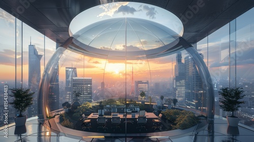 A high-rise office designed with a transparent dome on the rooftop for events.
